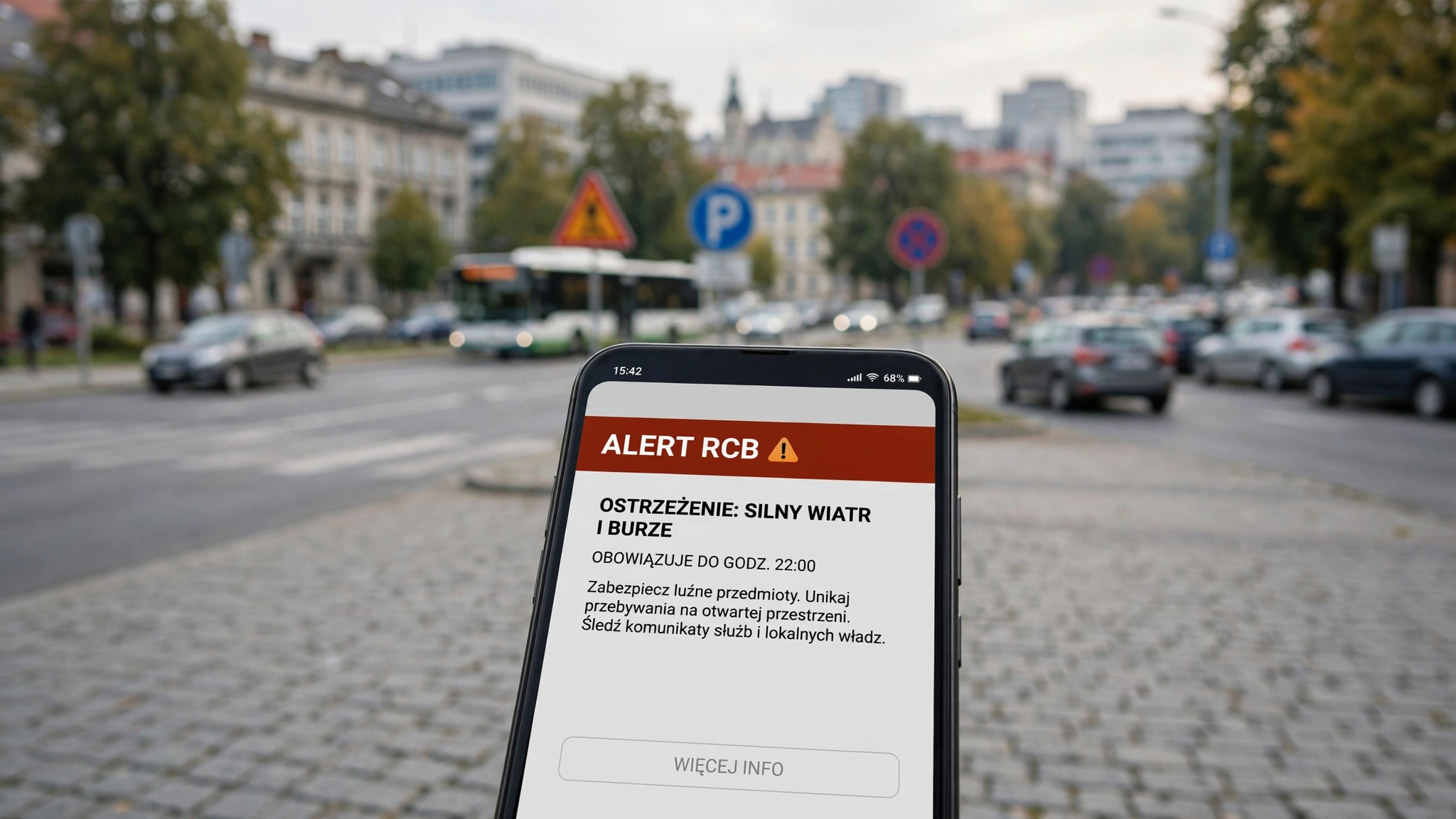Telefon z komunikatem alertu RCB na ekranie, w tle sylwetka Rzeszowa