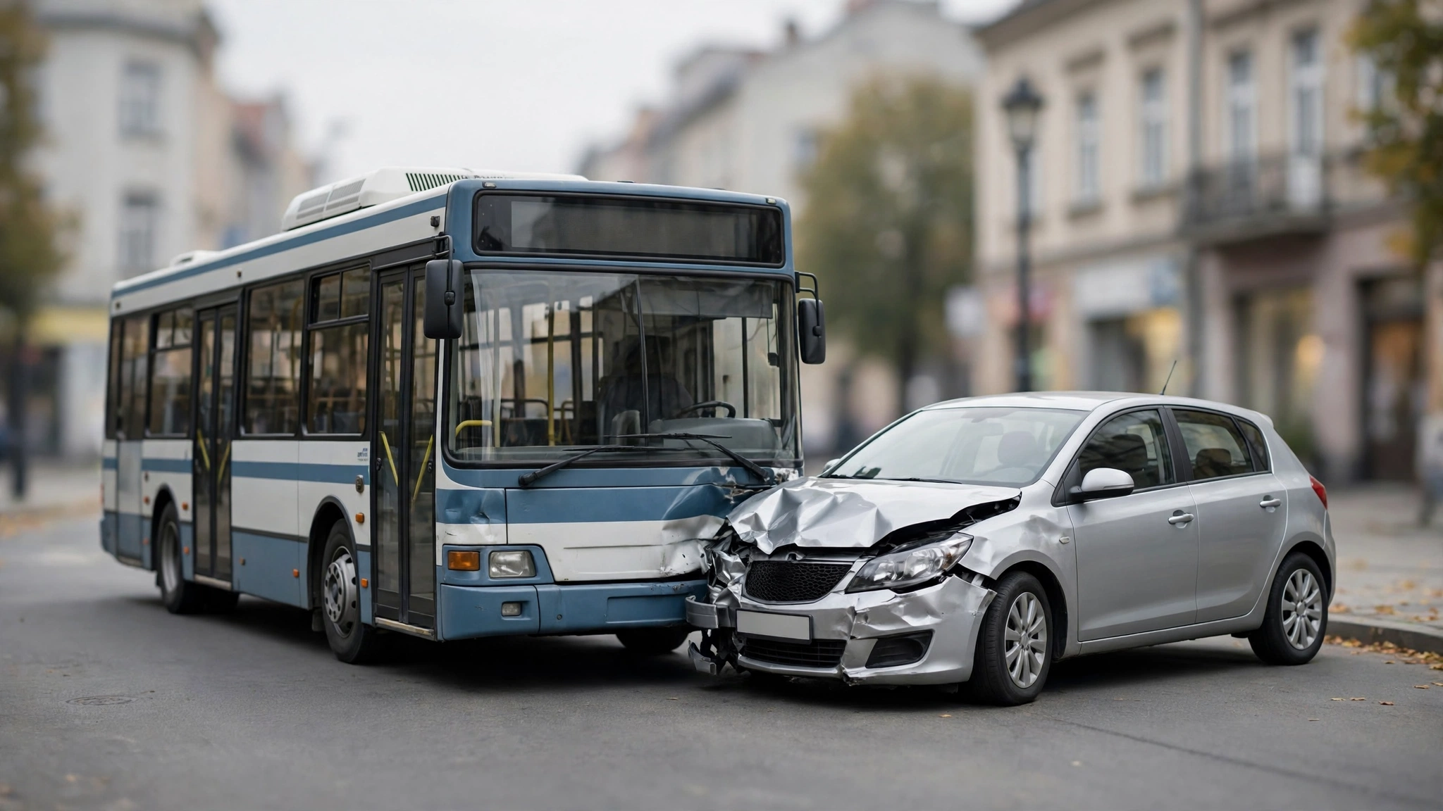 Autobus miejski i osobowy opel po kolizji na ulicy w centrum Rzeszowa