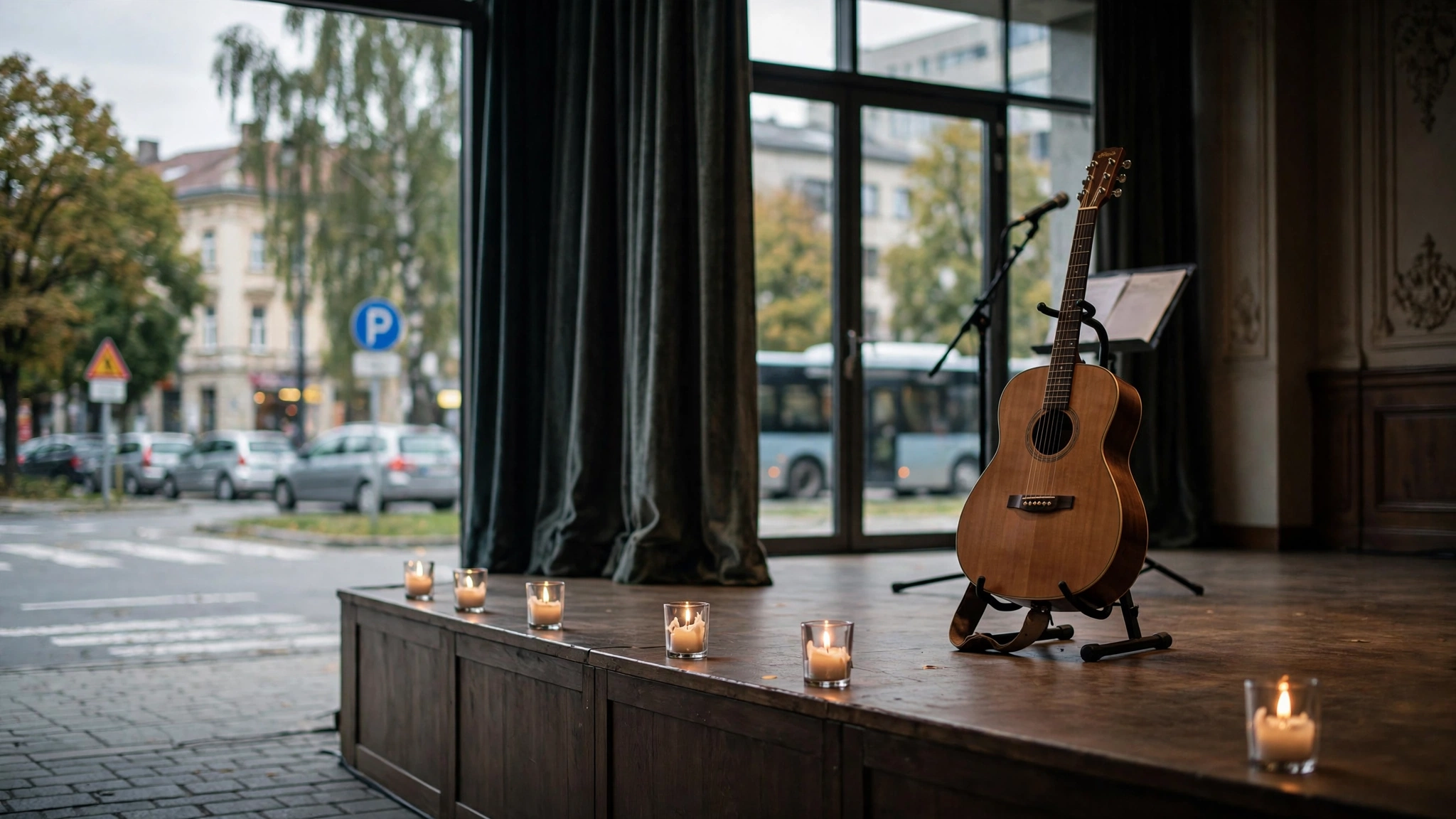 Świece na scenie filharmonii i gitara akustyczna przed koncertem ballad rockowych w Rzeszowie