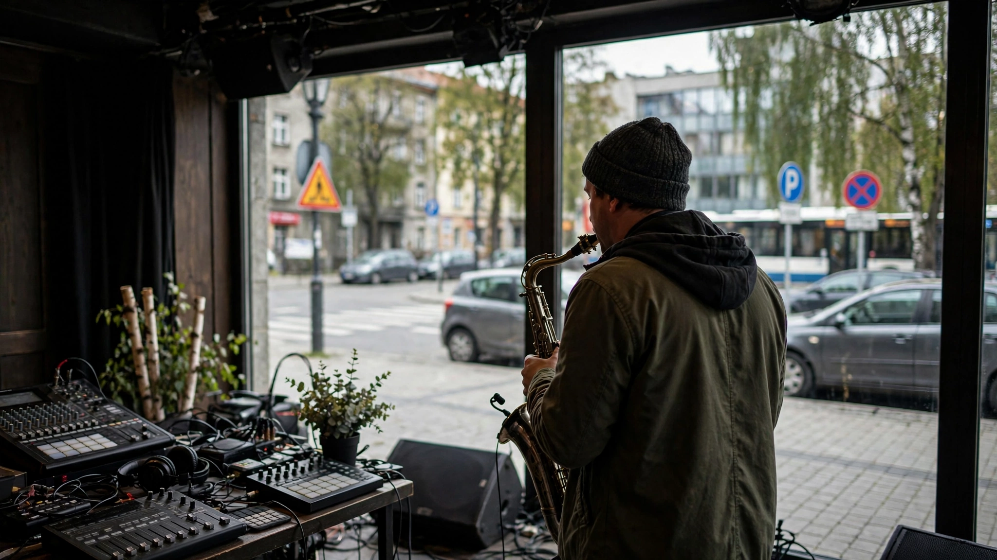 Saksofonista na scenie klubowej podczas występu z muzyką elektroniczną