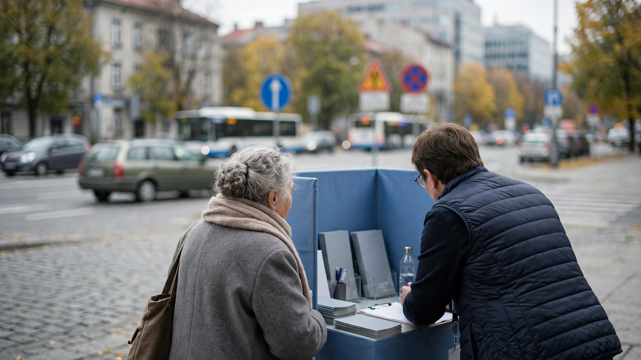 Starsza kobieta rozmawia z doradcą przy stoisku informacyjnym ZUS podczas Dni Seniora