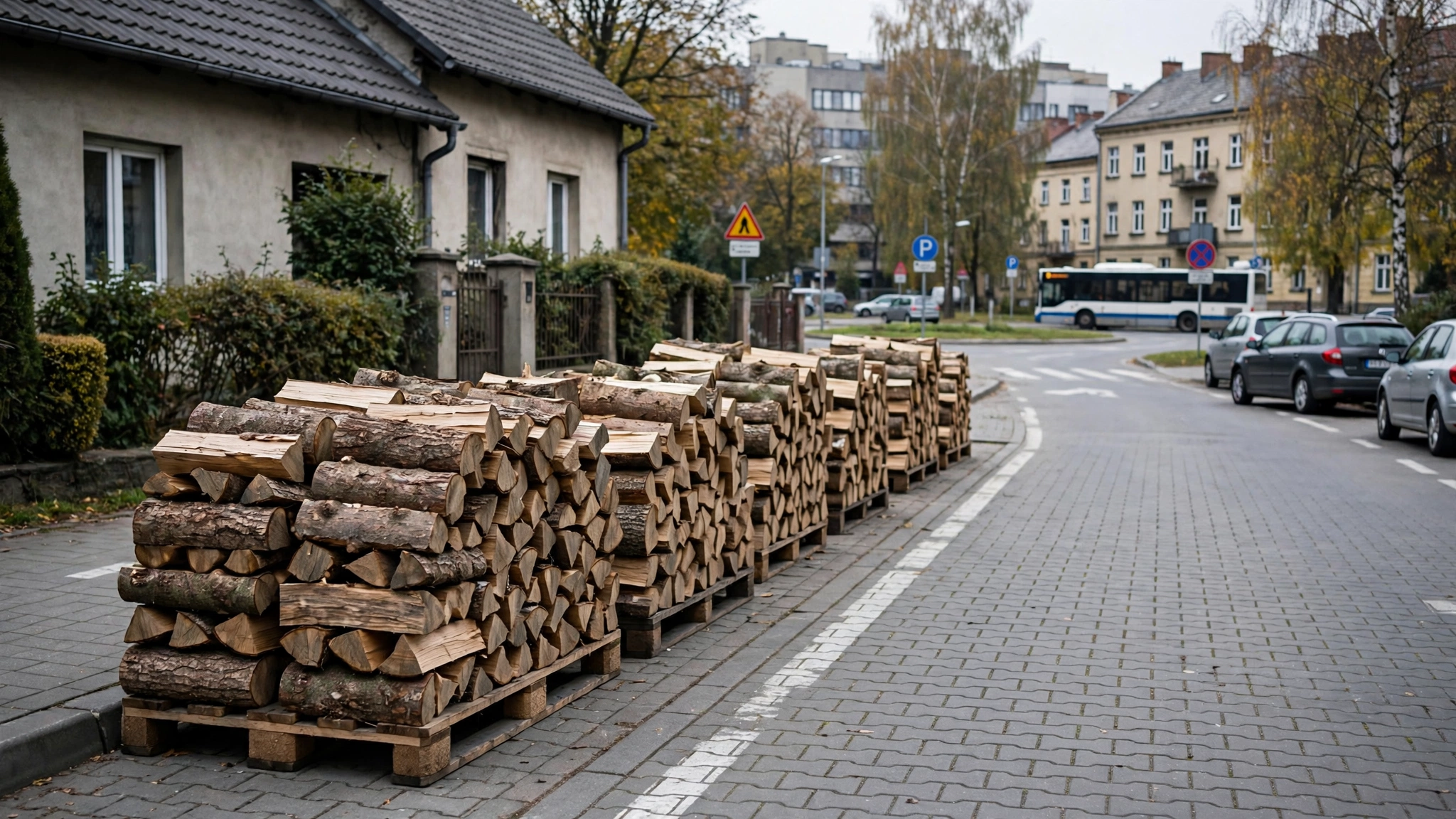Ułożone na posezonowanie szczapy drewna opałowego przed domem jednorodzinnym