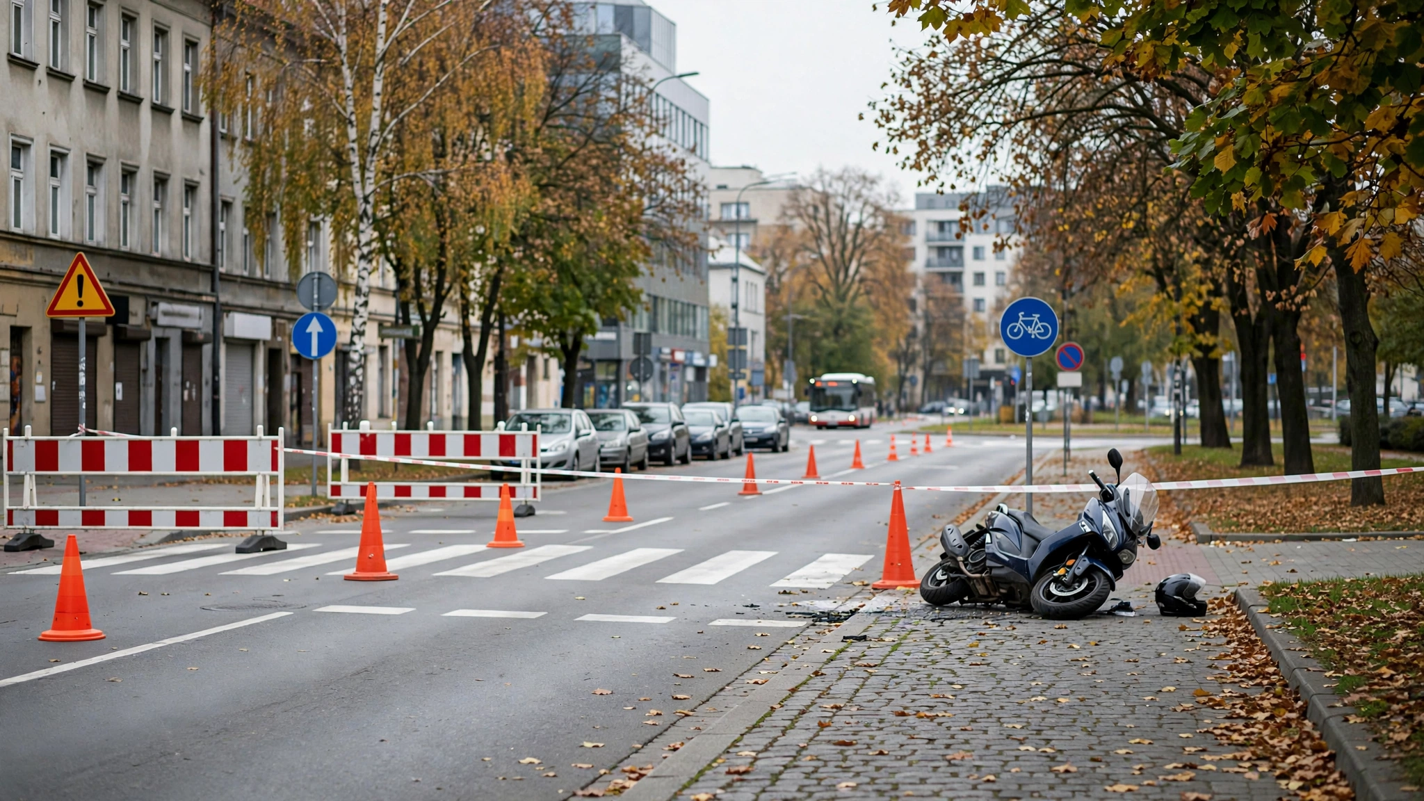 Miejsce wypadku motocyklisty w Grabinach z oznakowaniem policyjnym