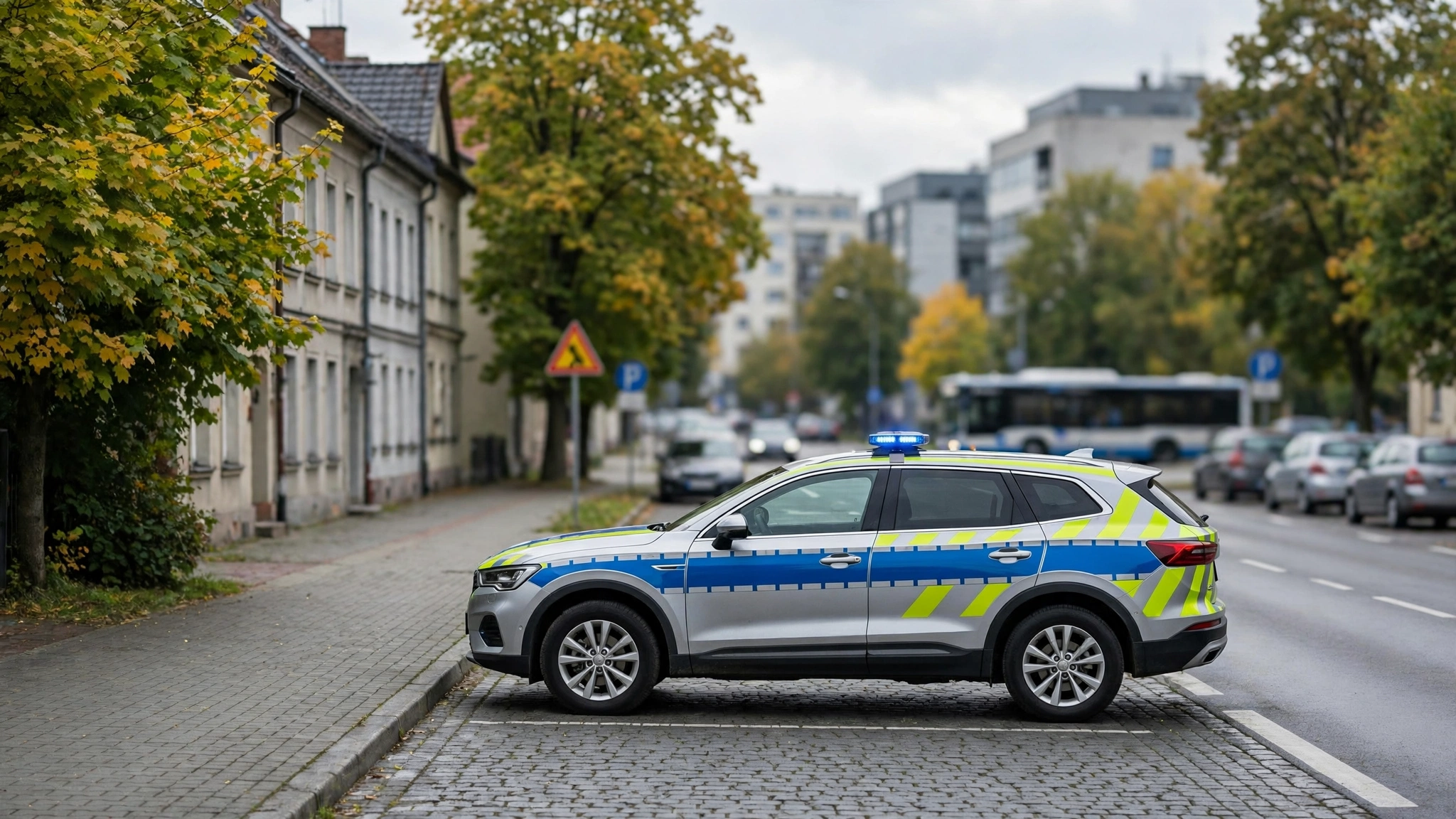 Policyjny radiowóz na drodze w Pielgrzymce w gminie Jasło