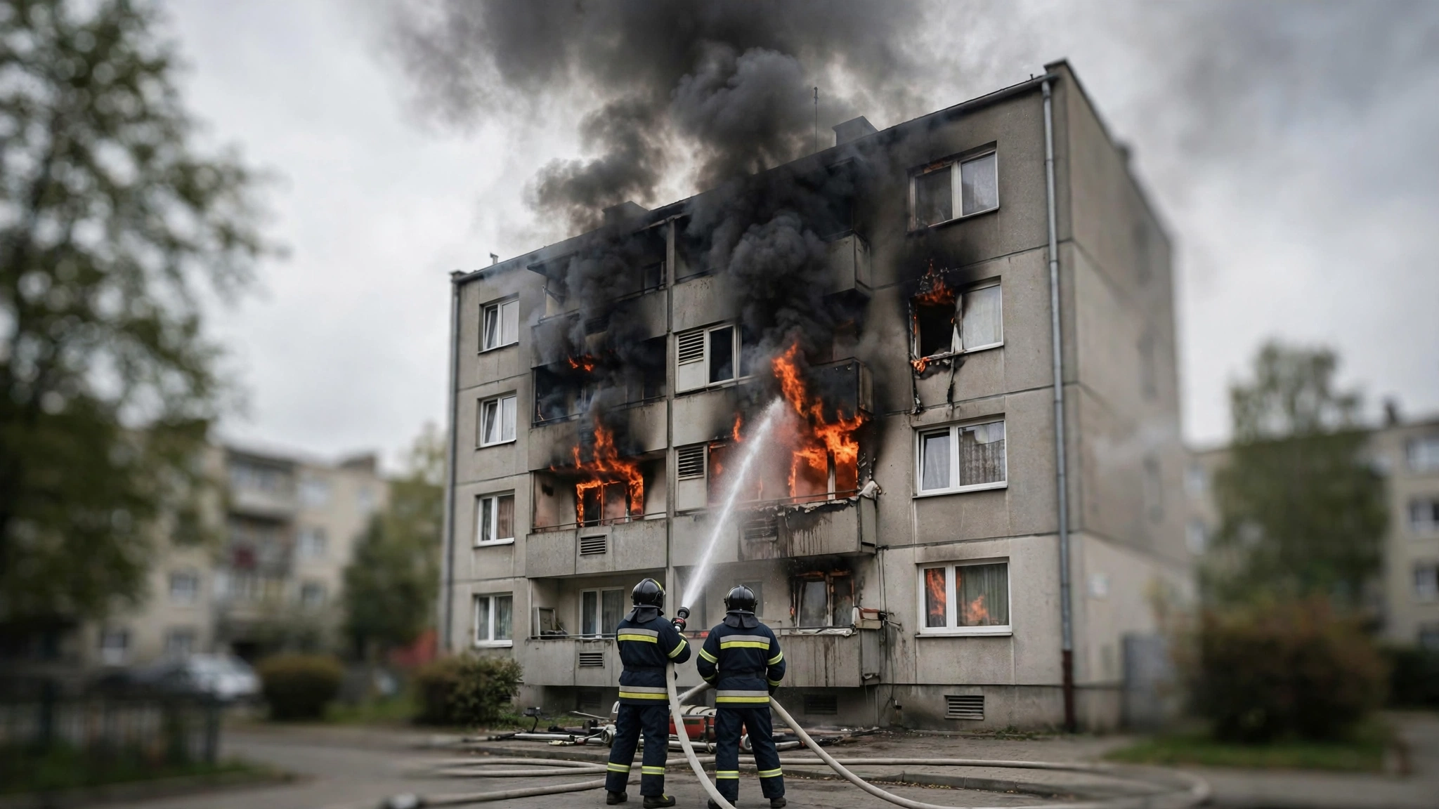 Strażacy gaszący pożar elewacji bloku przy ul. Broniewskiego w Rzeszowie, nad budynkiem unosi się czarny dym