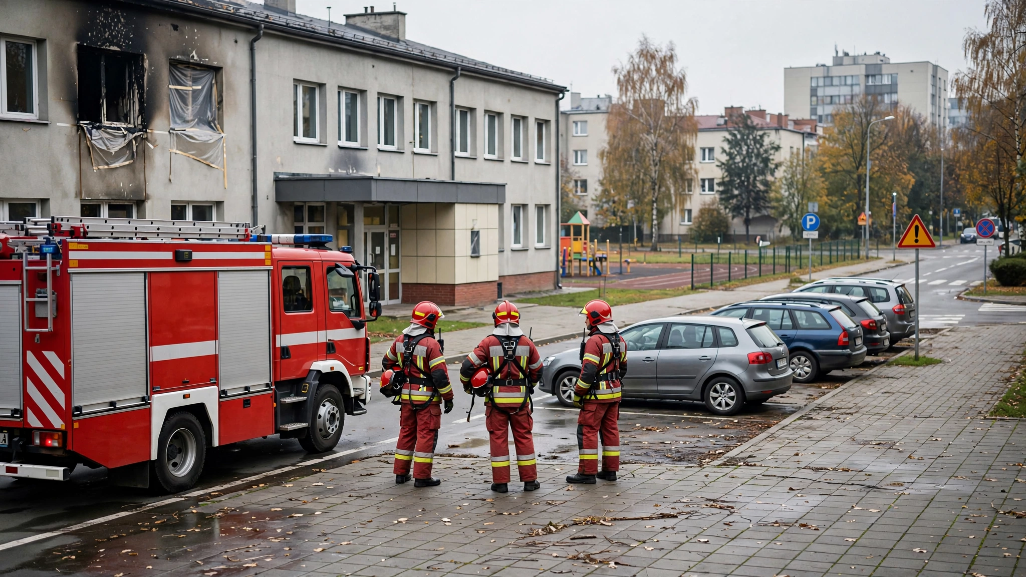 Strażacy przy budynku Przedszkola nr 15 w Stalowej Woli po pożarze