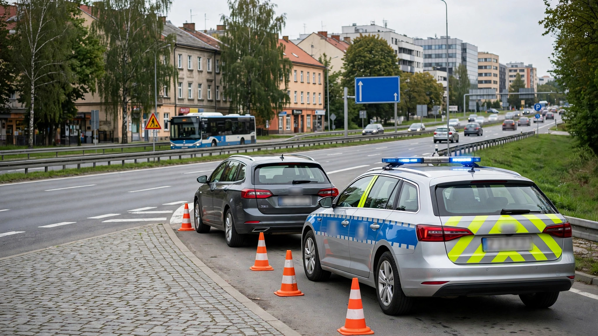 Radiowóz policyjny na autostradzie A4 podczas kontroli trzeźwości kierowcy