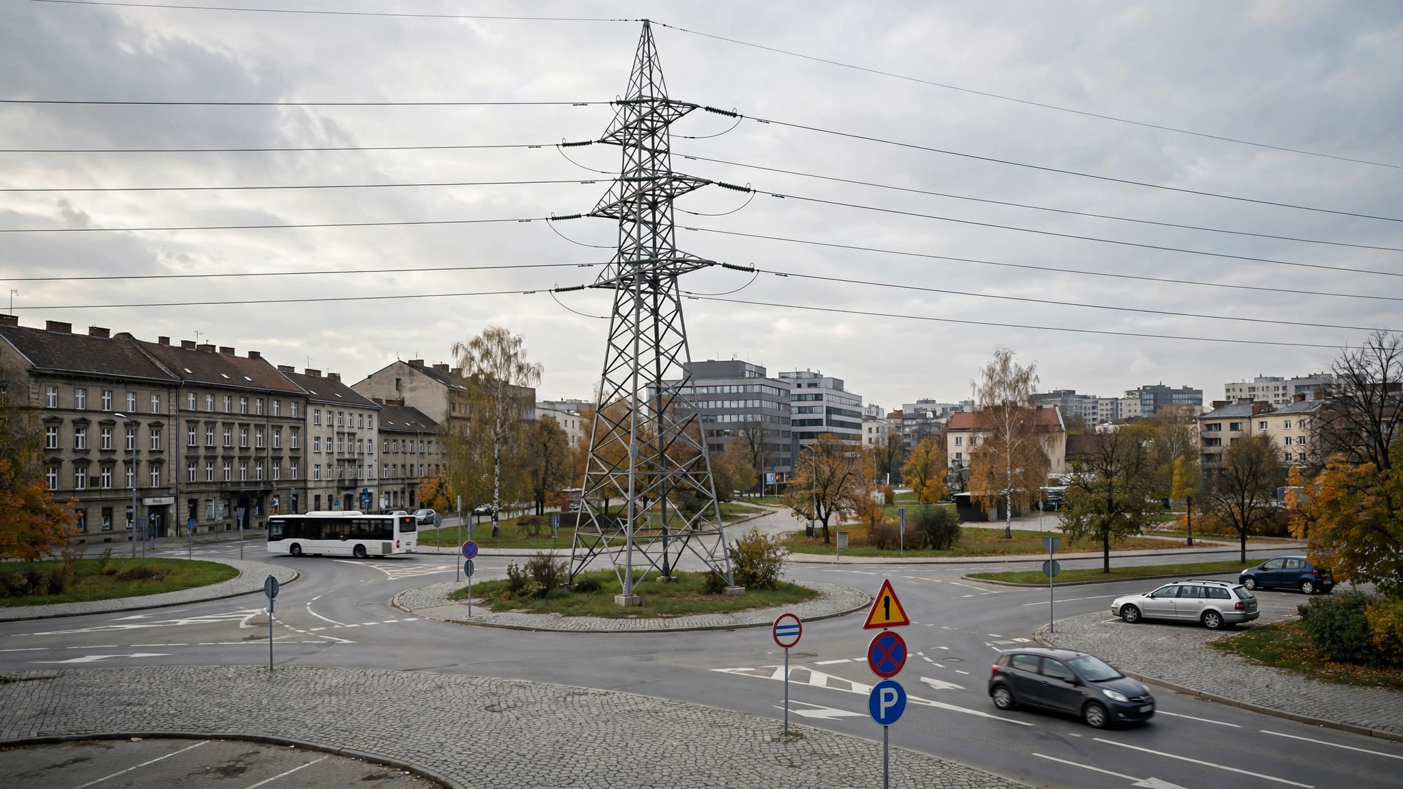 Słup energetyczny i linie wysokiego napięcia na tle nieba nad Rzeszowem