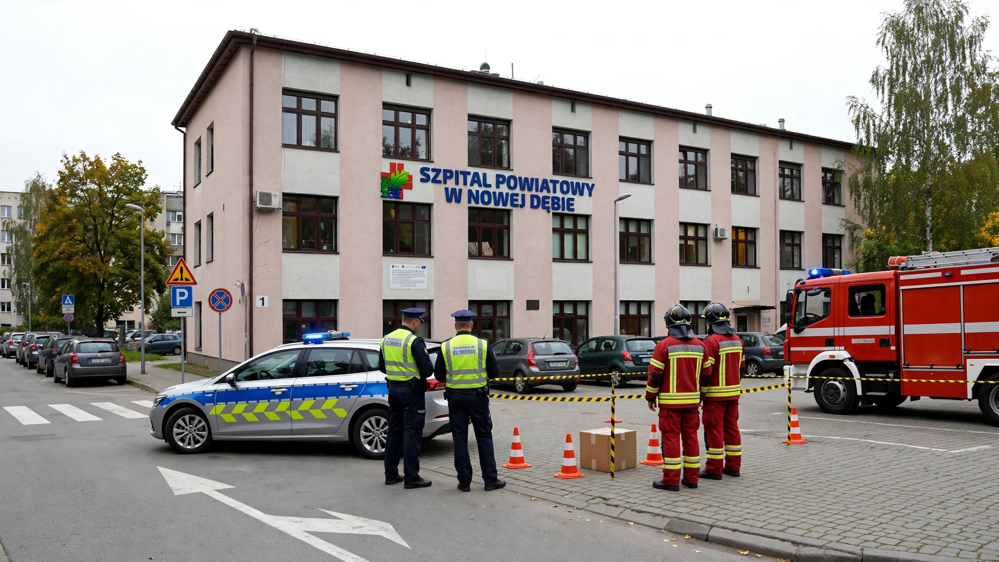 Strażacy i policja przed budynkiem Szpitala Powiatowego w Nowej Dębie podczas akcji sprawdzania podejrzanej przesyłki