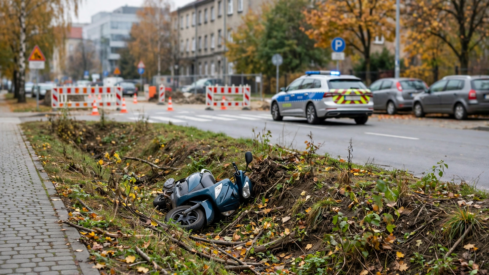 Motorower leżący w przydrożnym rowie na ulicy Załęskiej w Rzeszowie, w tle radiowóz policji
