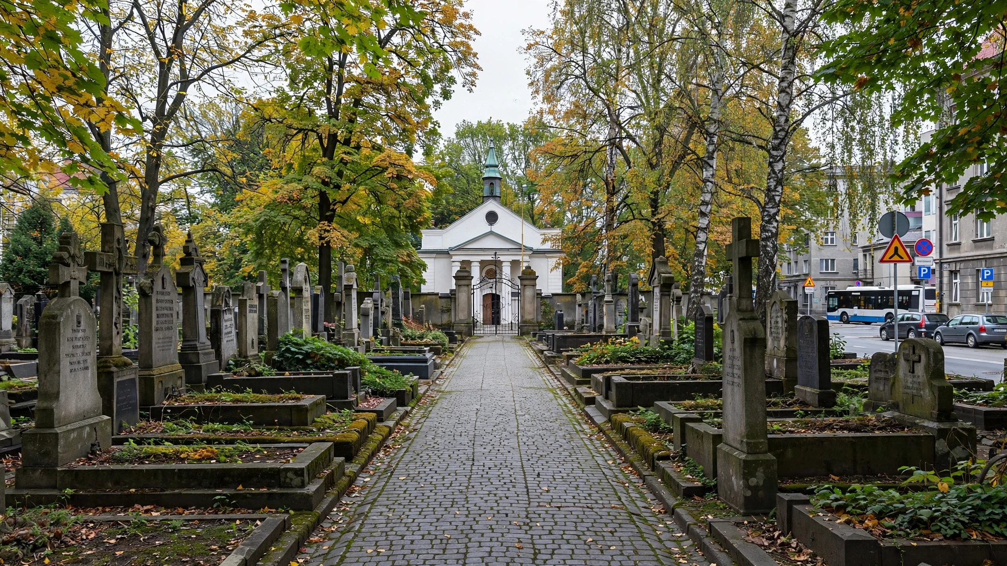Centralna alejka Starego Cmentarza przy ul. Targowej w Rzeszowie z zabytkową świątynią Świętej Trójcy w tle