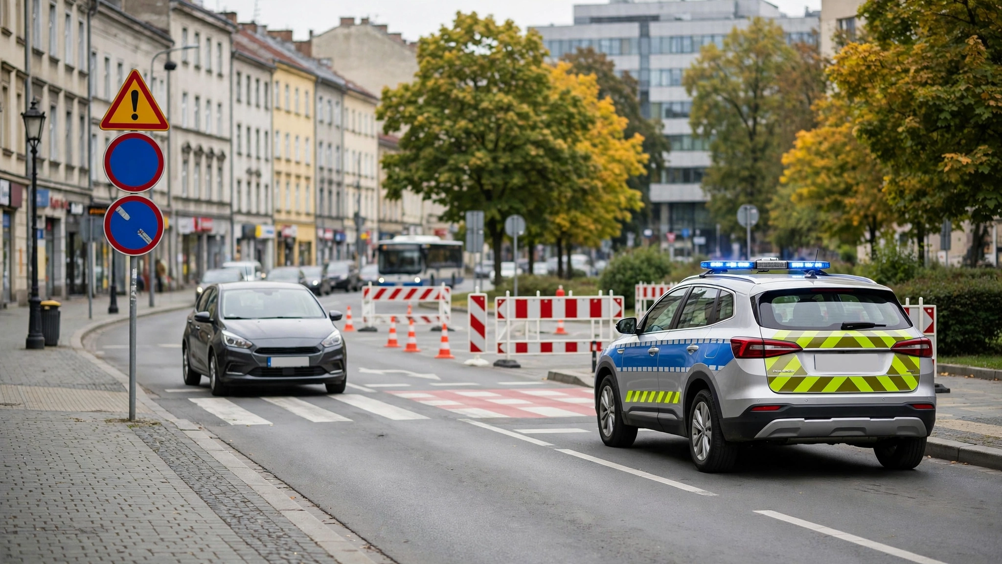 Radiowóz policji podczas kontroli drogowej na ulicy w Rzeszowie