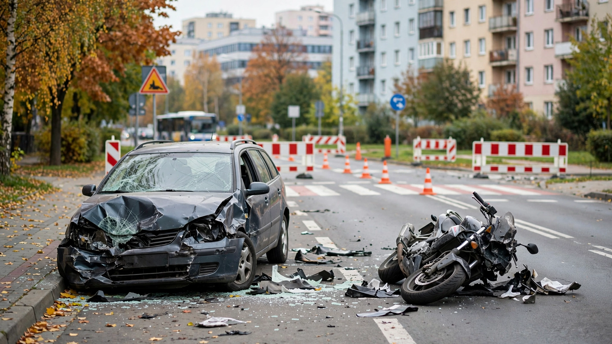 Uszkodzony motocykl i samochód na miejscu wypadku na drodze krajowej nr 9 w Rudnej Małej