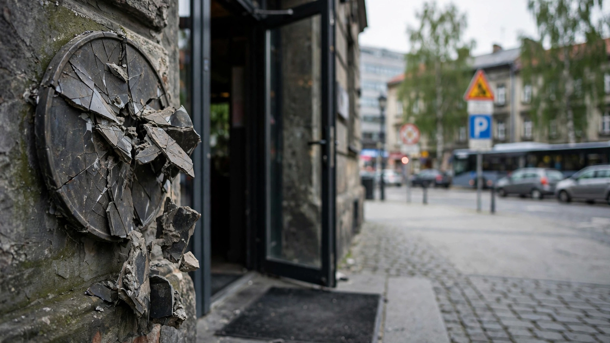 Zniszczona tabliczka z wyróżnieniem Michelin przy wejściu do restauracji NAAMA na rzeszowskim Rynku