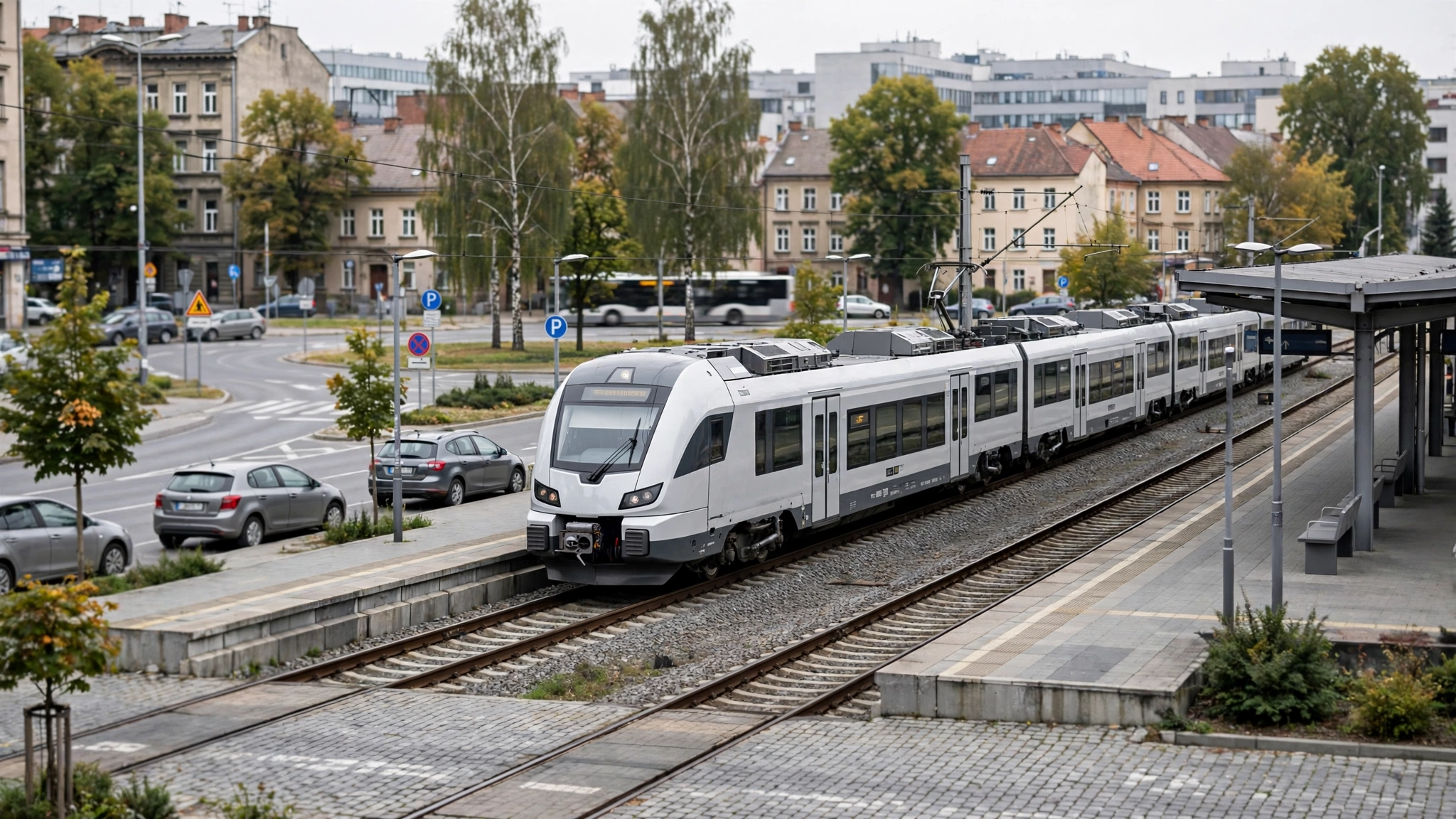 Pociąg na stacji kolejowej w Rzeszowie, symbolizujący planowaną rozbudowę sieci kolejowej na Podkarpaciu